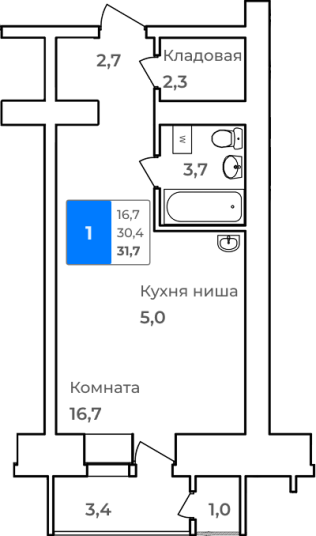 1-комнатная, 31.7 м²