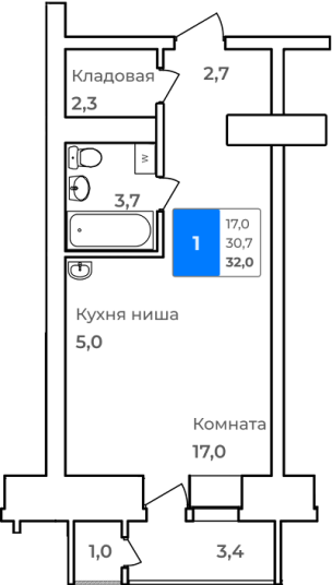 1-комнатная, 32 м²