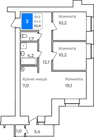 3-комнатная, 65.8 м²