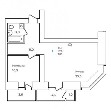 1-комнатная, 50.1 м²