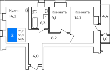 2-комнатная, 57.5 м²