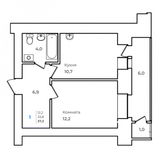 1-комнатная, 37.3 м²