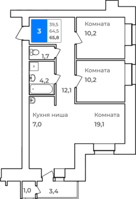 3-комнатная, 65.8 м²