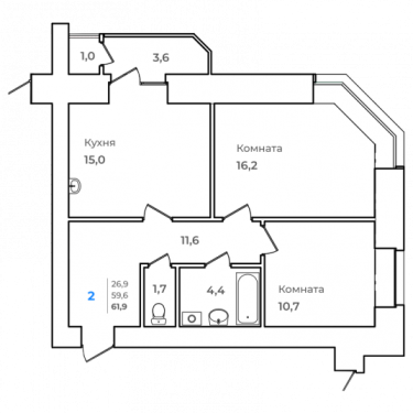 2-комнатная, 61.9 м²