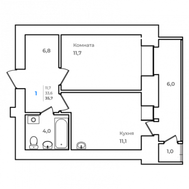 1-комнатная, 35.7 м²