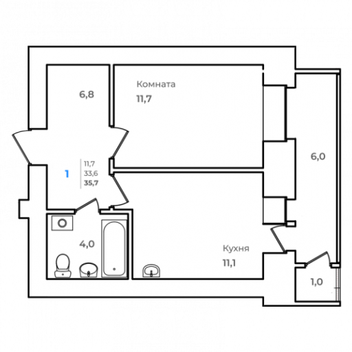 1-комнатная, 35.7 м²