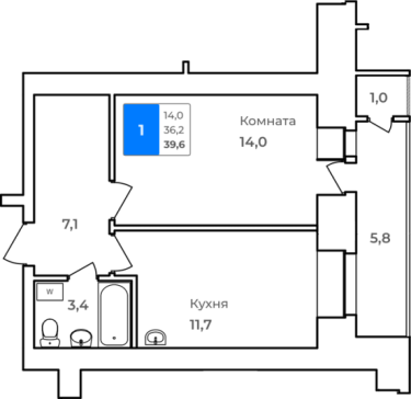 1-комнатная, 39.6 м²