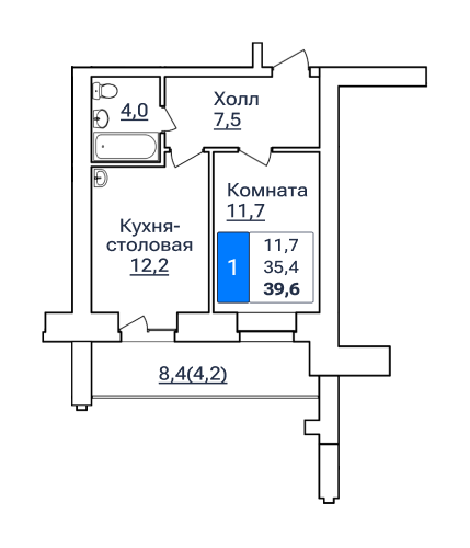 1-комнатная, 39.6 м²