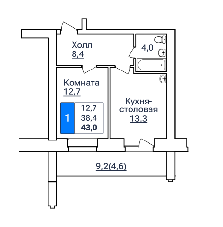 1-комнатная, 43.0 м²