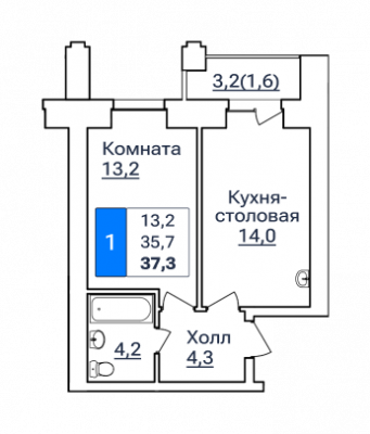 1-комнатная, 37.3 м²