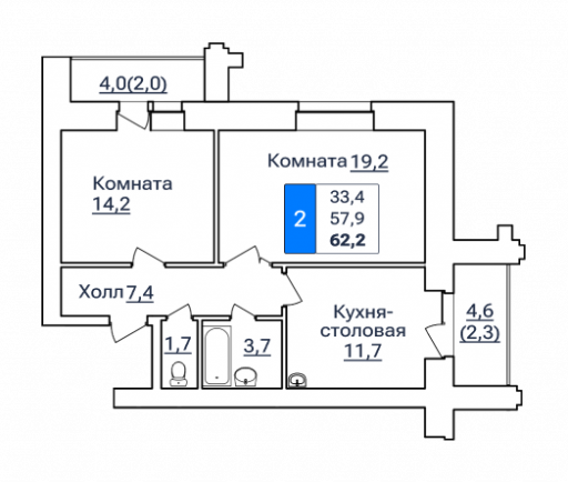 2-комнатная, 62.2 м²