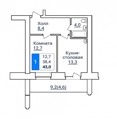 1-комнатная, 43.0 м²