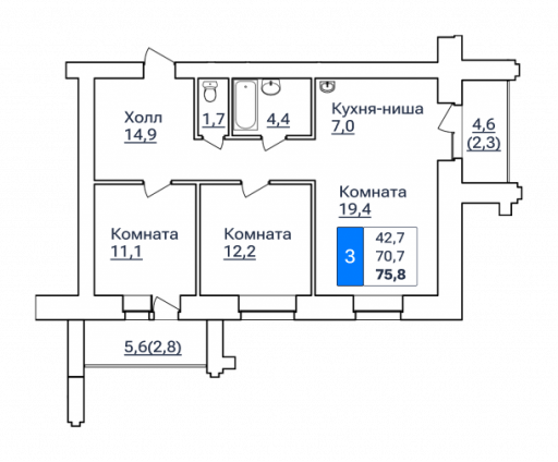 3-комнатная, 75.8 м²